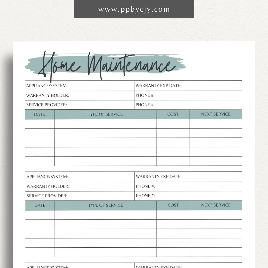 Home Maintenance Log Printable Template – Digital download for tracking and scheduling regular home maintenance tasks and repairs.