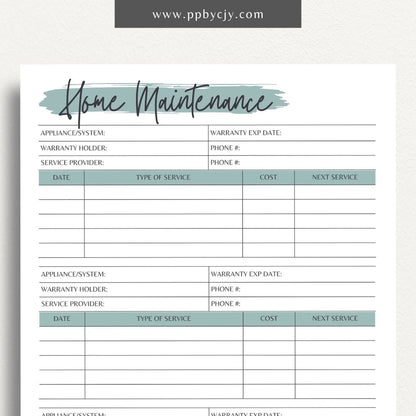 Home Maintenance Log Printable Template – Digital download for tracking and scheduling regular home maintenance tasks and repairs.