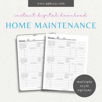 Home Maintenance Log Printable Template – Digital download for tracking and scheduling regular home maintenance tasks and repairs.