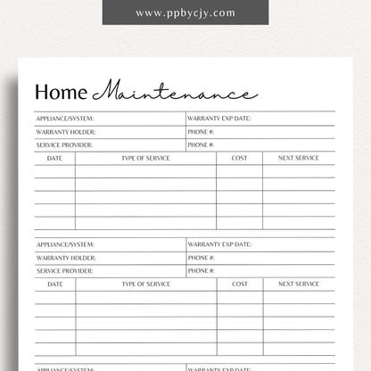 Home Maintenance Log Printable Template – Digital download for tracking and scheduling regular home maintenance tasks and repairs.