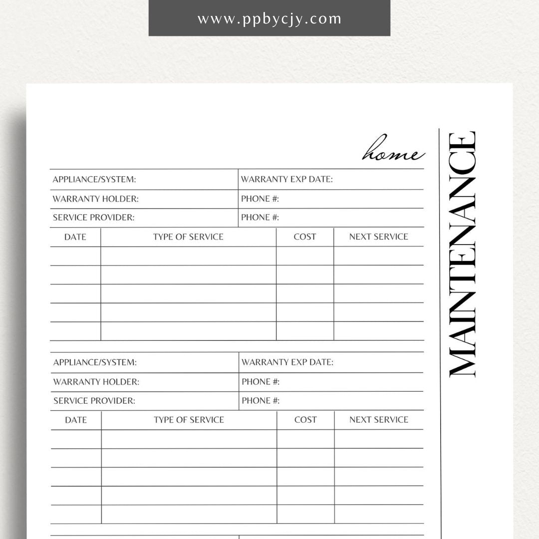 Home Maintenance Log Printable Template – Digital download for tracking and scheduling regular home maintenance tasks and repairs.