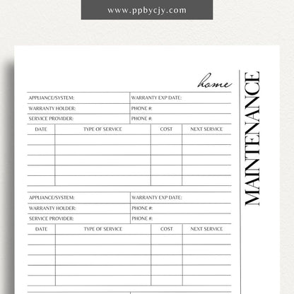 Home Maintenance Log Printable Template – Digital download for tracking and scheduling regular home maintenance tasks and repairs.