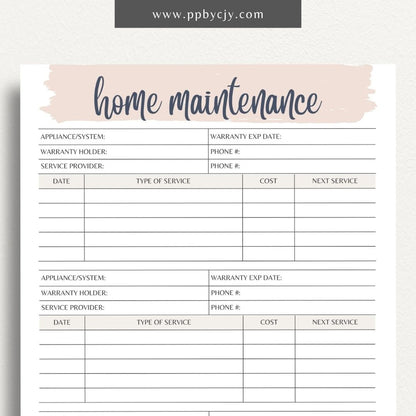 Home Maintenance Log Printable Template – Digital download for tracking and scheduling regular home maintenance tasks and repairs.