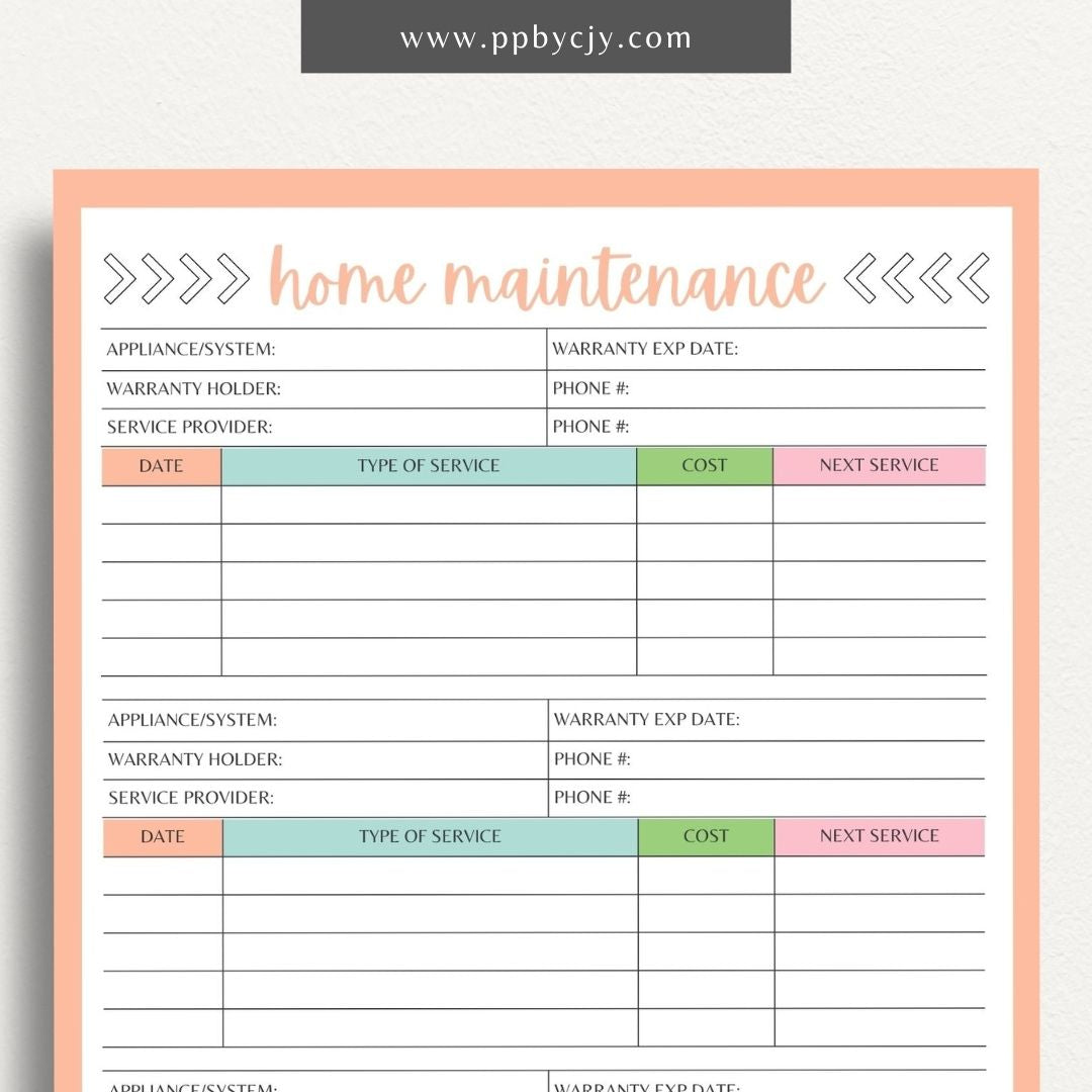 Home Maintenance Log Printable Template – Digital download for tracking and scheduling regular home maintenance tasks and repairs.