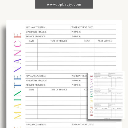 Home Maintenance Log Printable Template – Digital download for tracking and scheduling regular home maintenance tasks and repairs.