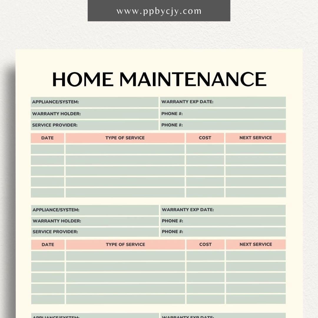 Home Maintenance Log Printable Template – Digital download for tracking and scheduling regular home maintenance tasks and repairs.