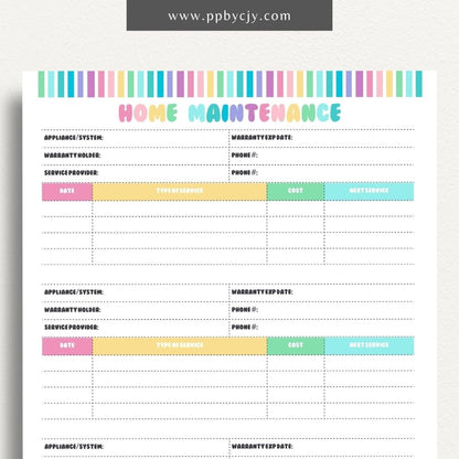 Home Maintenance Log Printable Template – Digital download for tracking and scheduling regular home maintenance tasks and repairs.