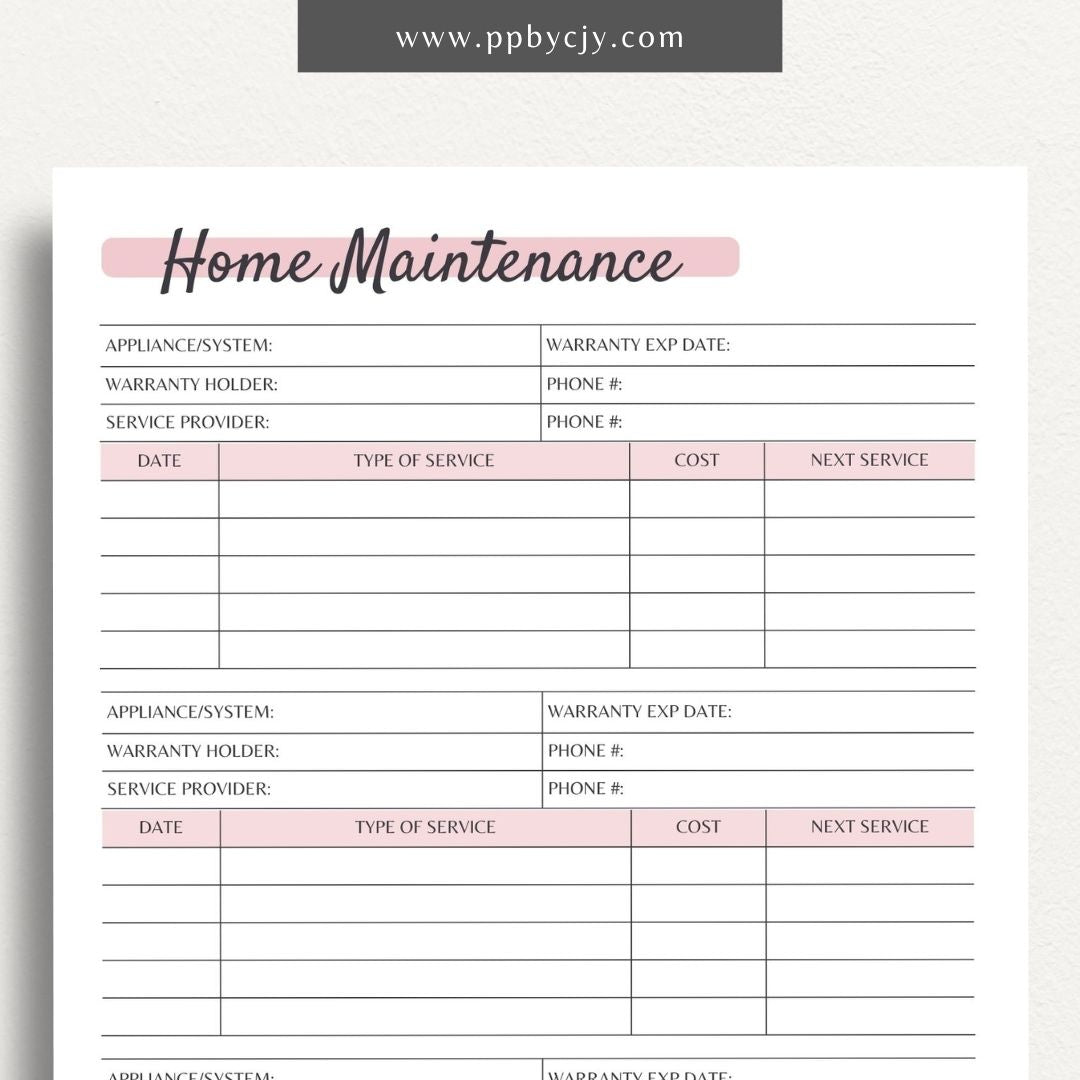 Home Maintenance Log Printable PDF Template