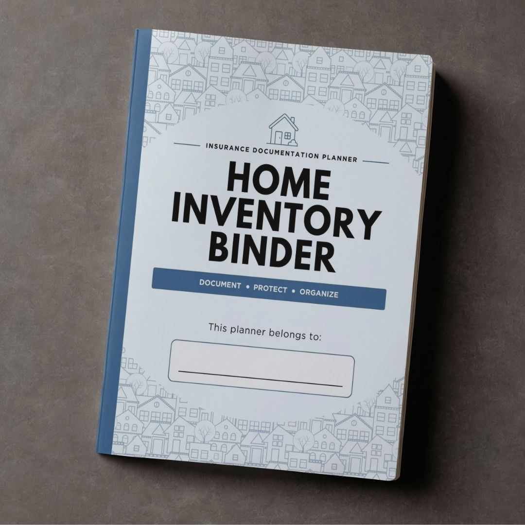 Home inventory binder on a brown background