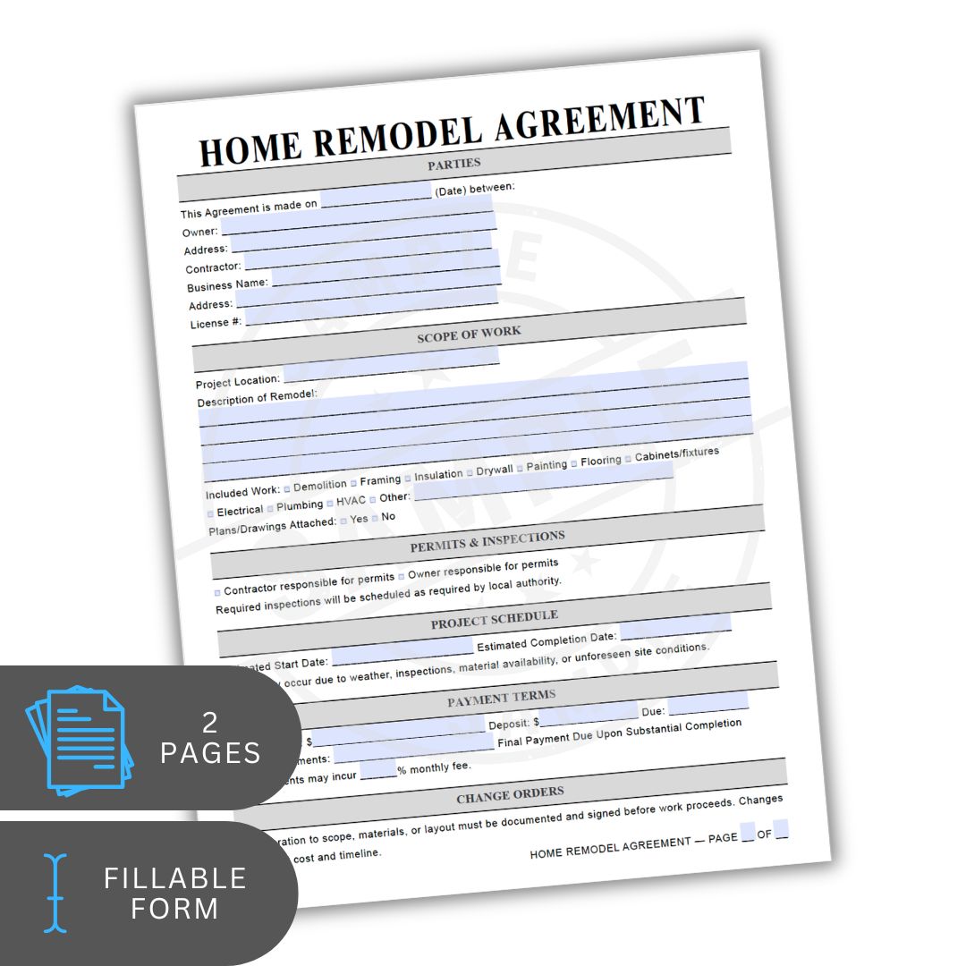 Home remodel agreement form on a white background
