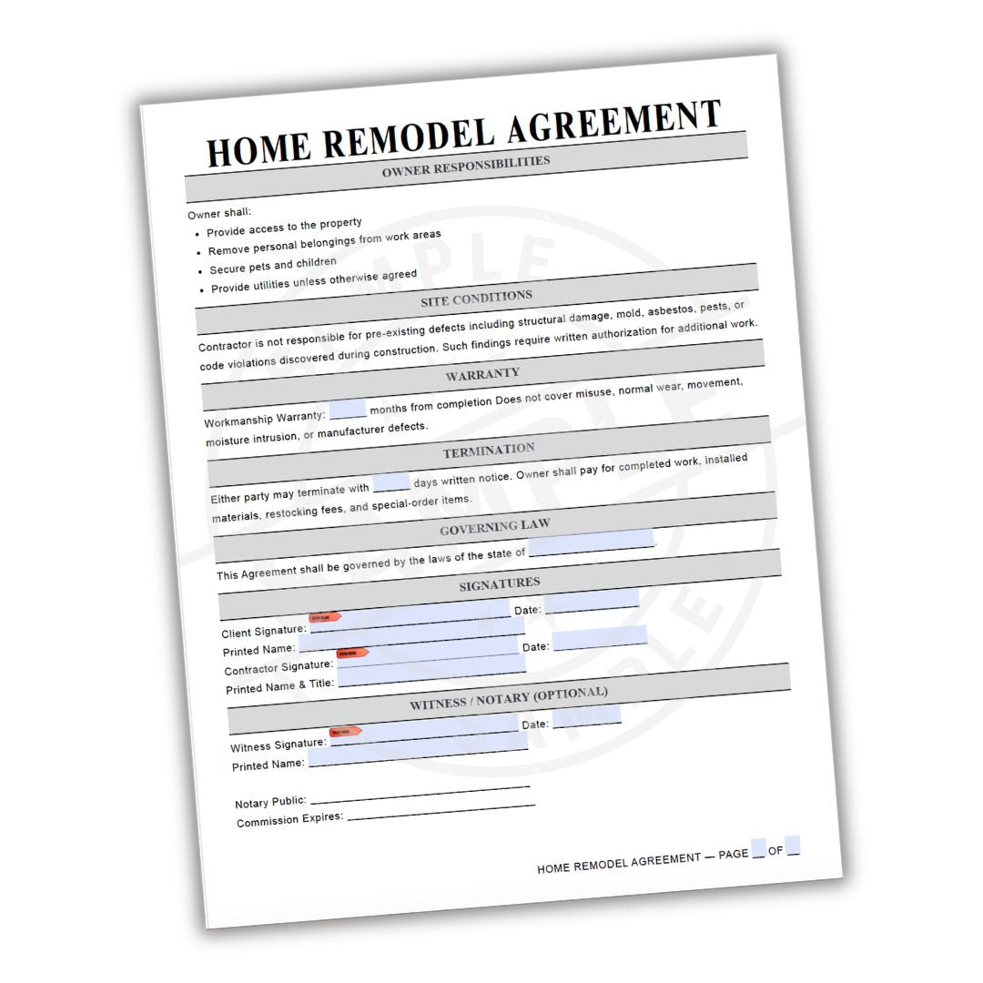 Home remodel agreement document on a white background