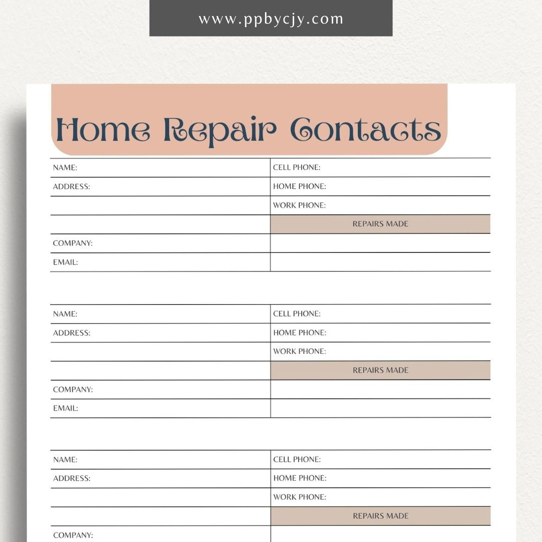 Home Repair Contacts Printable Template – Digital download for organizing and storing contact information for various home repair professionals and services.