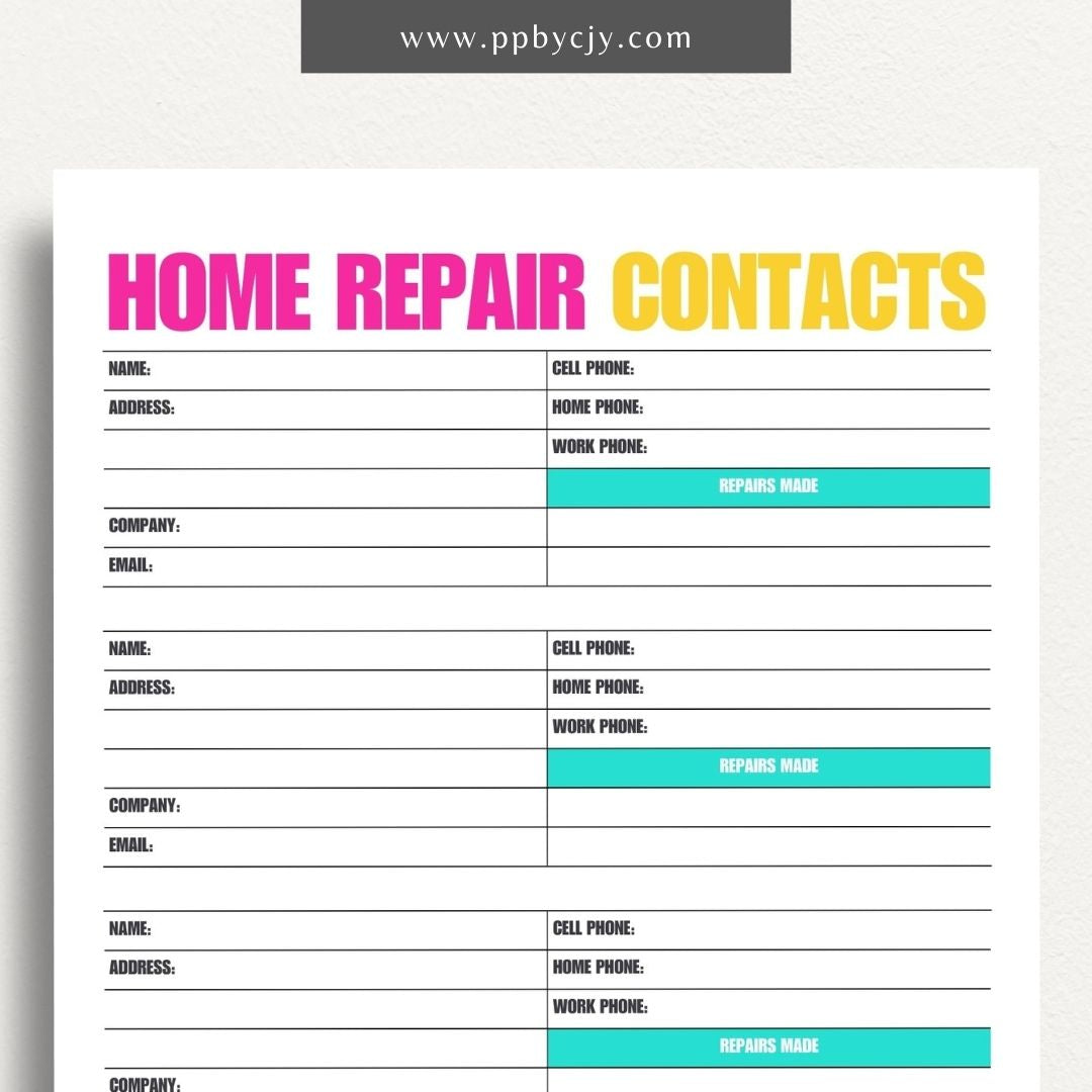 Home Repair Contacts Printable Template – Digital download for organizing and storing contact information for various home repair professionals and services.