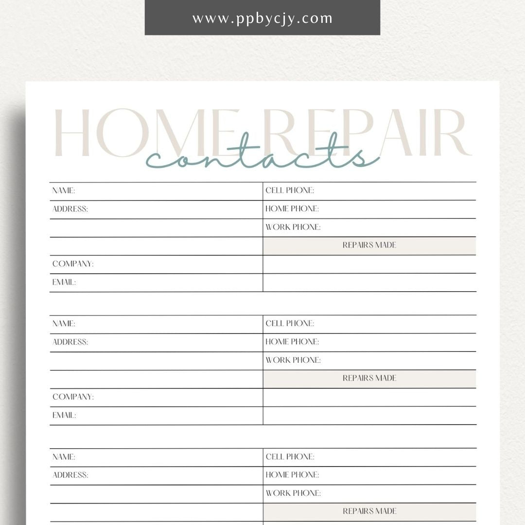 Home Repair Contacts Printable Template – Digital download for organizing and storing contact information for various home repair professionals and services.