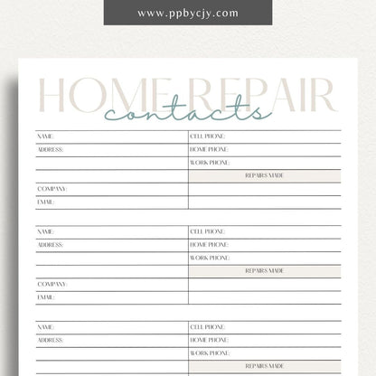 Home Repair Contacts Printable Template – Digital download for organizing and storing contact information for various home repair professionals and services.