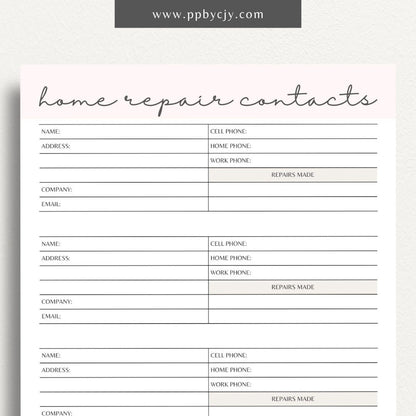 Home Repair Contacts Printable Template – Digital download for organizing and storing contact information for various home repair professionals and services.