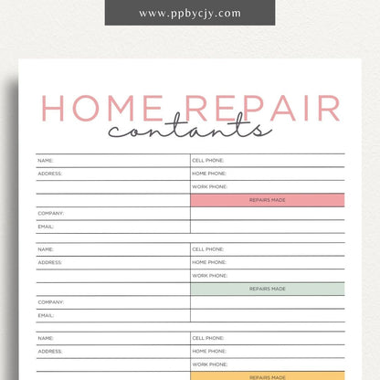 Home Repair Contacts Printable Template – Digital download for organizing and storing contact information for various home repair professionals and services.