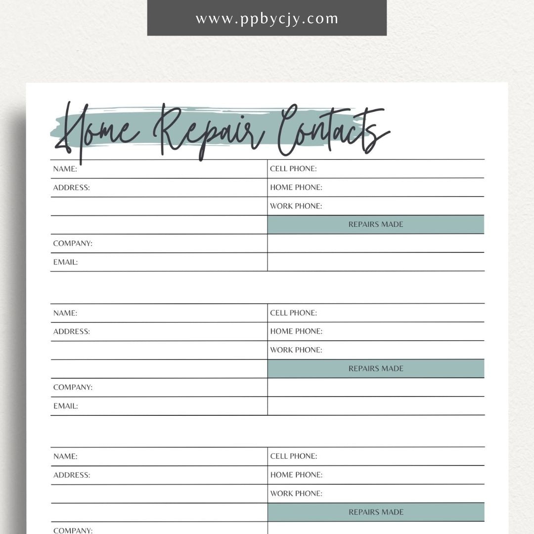 Home Repair Contacts Printable Template – Digital download for organizing and storing contact information for various home repair professionals and services.