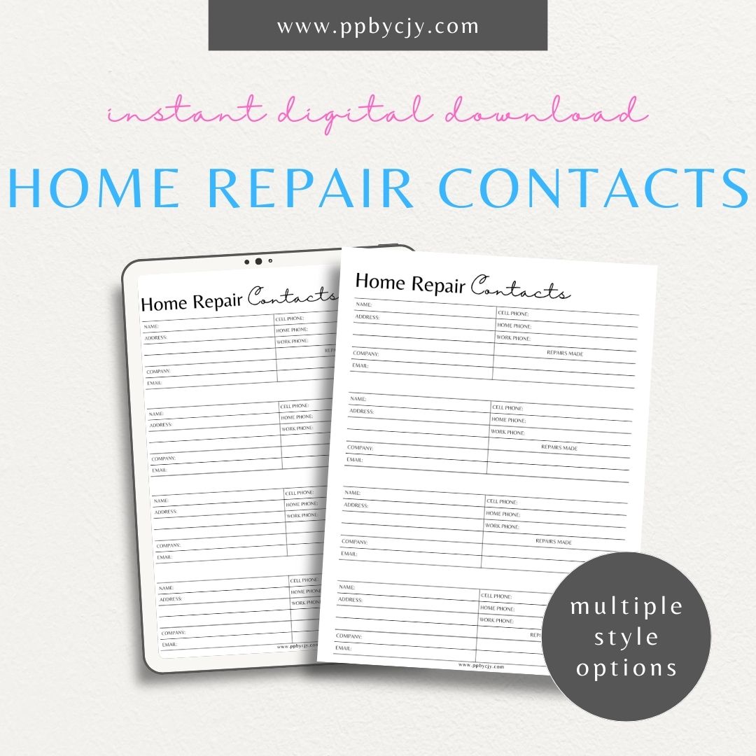 Home Repair Contacts Printable Template – Digital download for organizing and storing contact information for various home repair professionals and services.