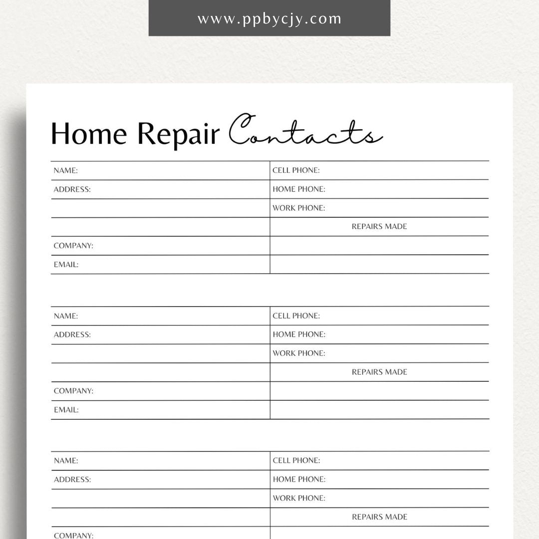 Home Repair Contacts Printable Template – Digital download for organizing and storing contact information for various home repair professionals and services.