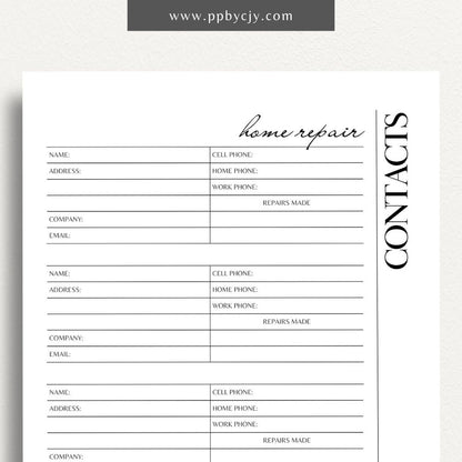 Home Repair Contacts Printable Template – Digital download for organizing and storing contact information for various home repair professionals and services.