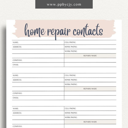 Home Repair Contacts Printable Template – Digital download for organizing and storing contact information for various home repair professionals and services.