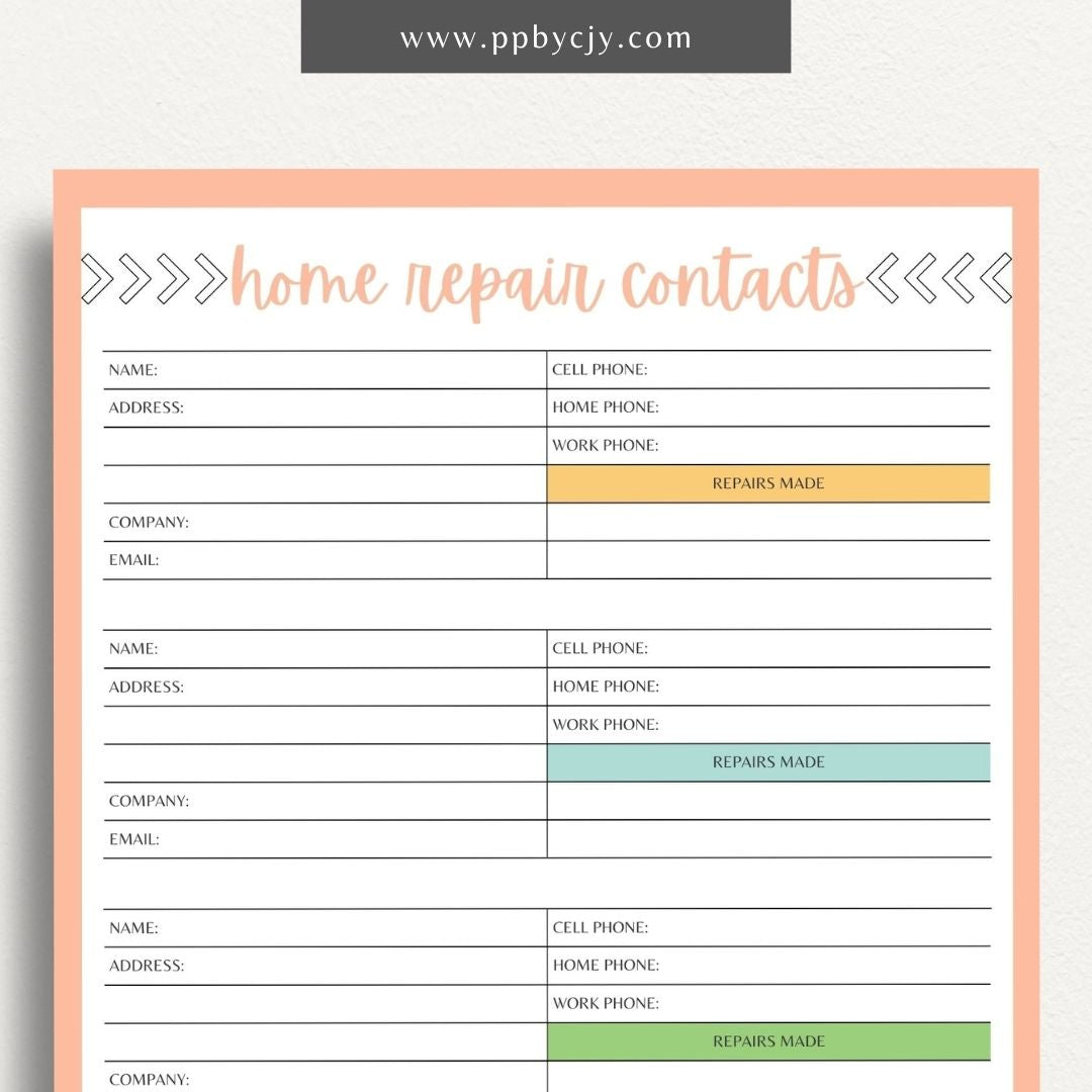 Home Repair Contacts Printable Template – Digital download for organizing and storing contact information for various home repair professionals and services.