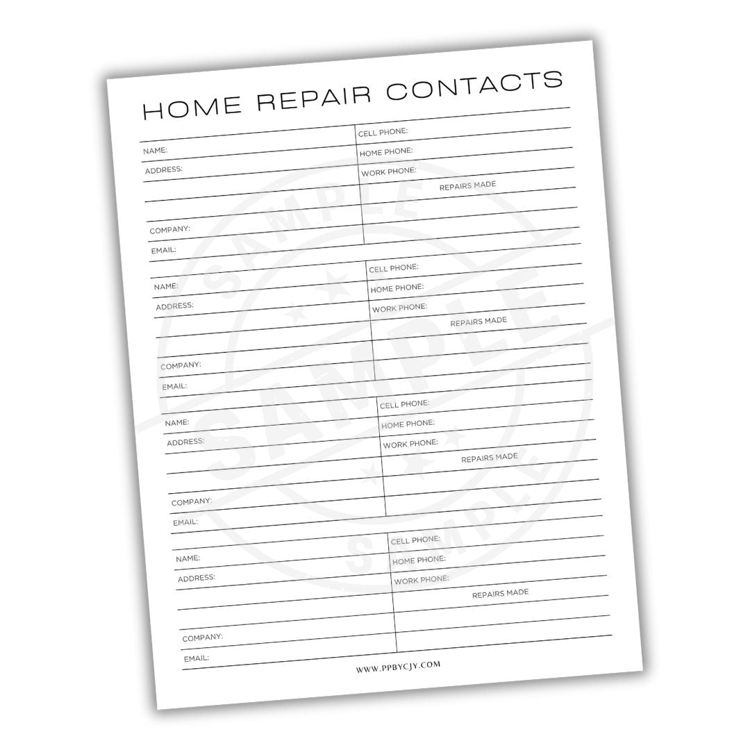 Sheet of paper with 'Home Repair Contacts' list on a white background