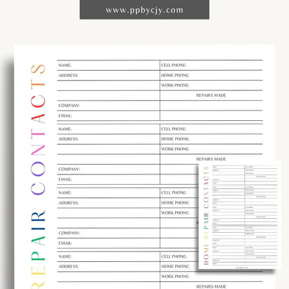 Home Repair Contacts Printable Template – Digital download for organizing and storing contact information for various home repair professionals and services.