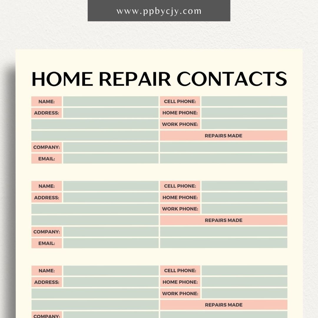 Home Repair Contacts Printable Template – Digital download for organizing and storing contact information for various home repair professionals and services.