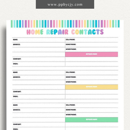 Home Repair Contacts Printable Template – Digital download for organizing and storing contact information for various home repair professionals and services.