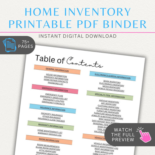 Home Inventory Printable Template Bundle with 75+ pages, including item logs, warranty records, and insurance details