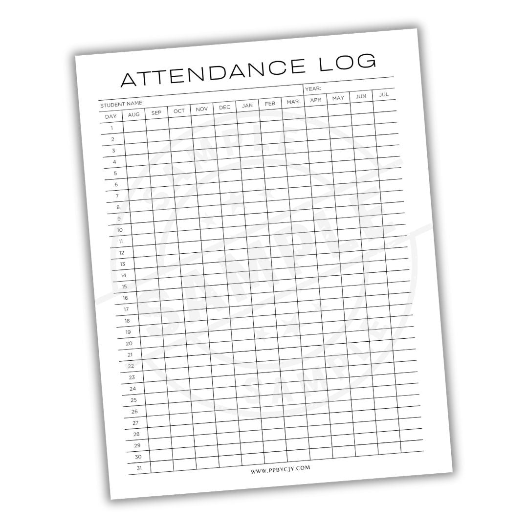 Attendance log sheet with grid for recording attendance on a white background
