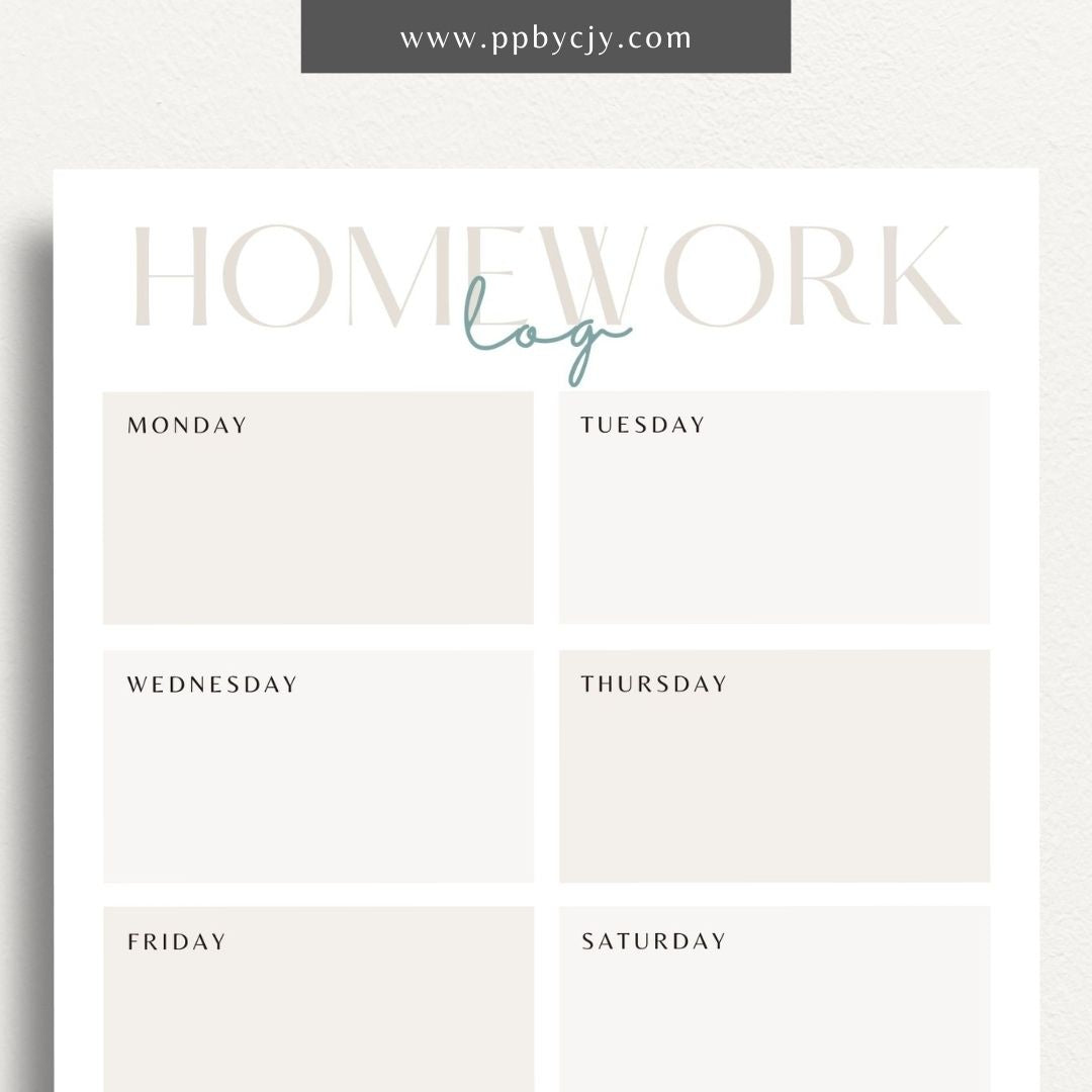 Homework Tracker Printable Template – Digital download for managing and tracking homework assignments, due dates, and completion status.