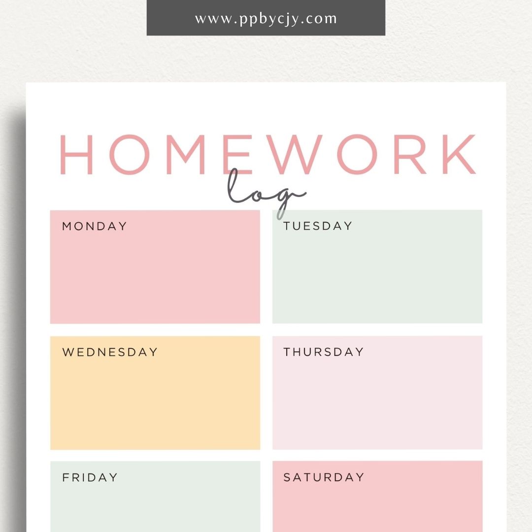 Homework Tracker Printable Template – Digital download for managing and tracking homework assignments, due dates, and completion status.