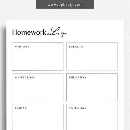 Homework Tracker Printable Template – Digital download for managing and tracking homework assignments, due dates, and completion status.