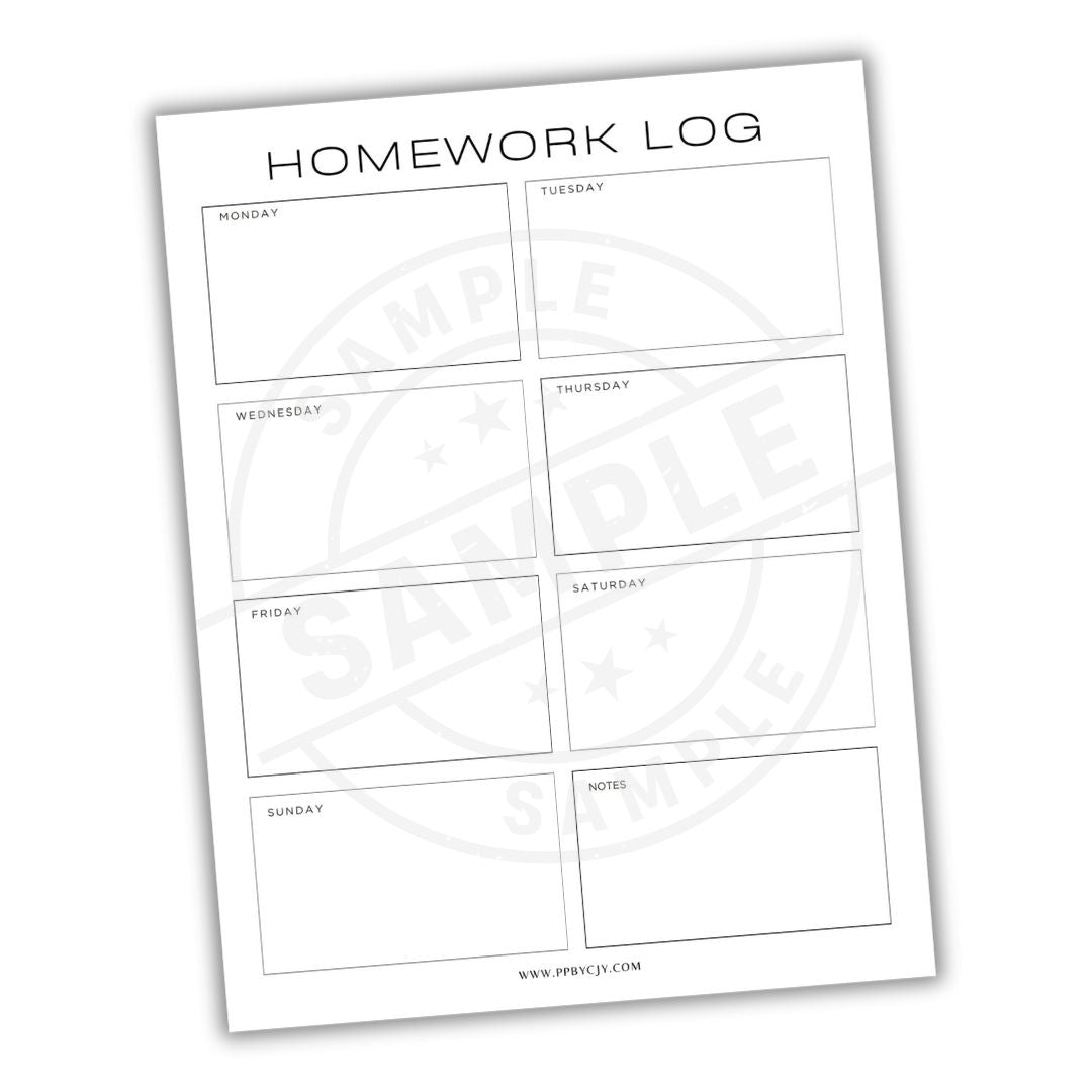 Homework log sheet with days of the week on a white background