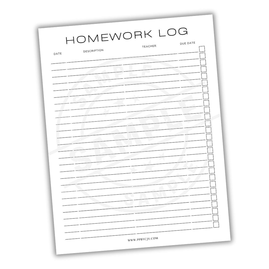 Homework log sheet with columns for date, description, teacher, and due date on a white background.