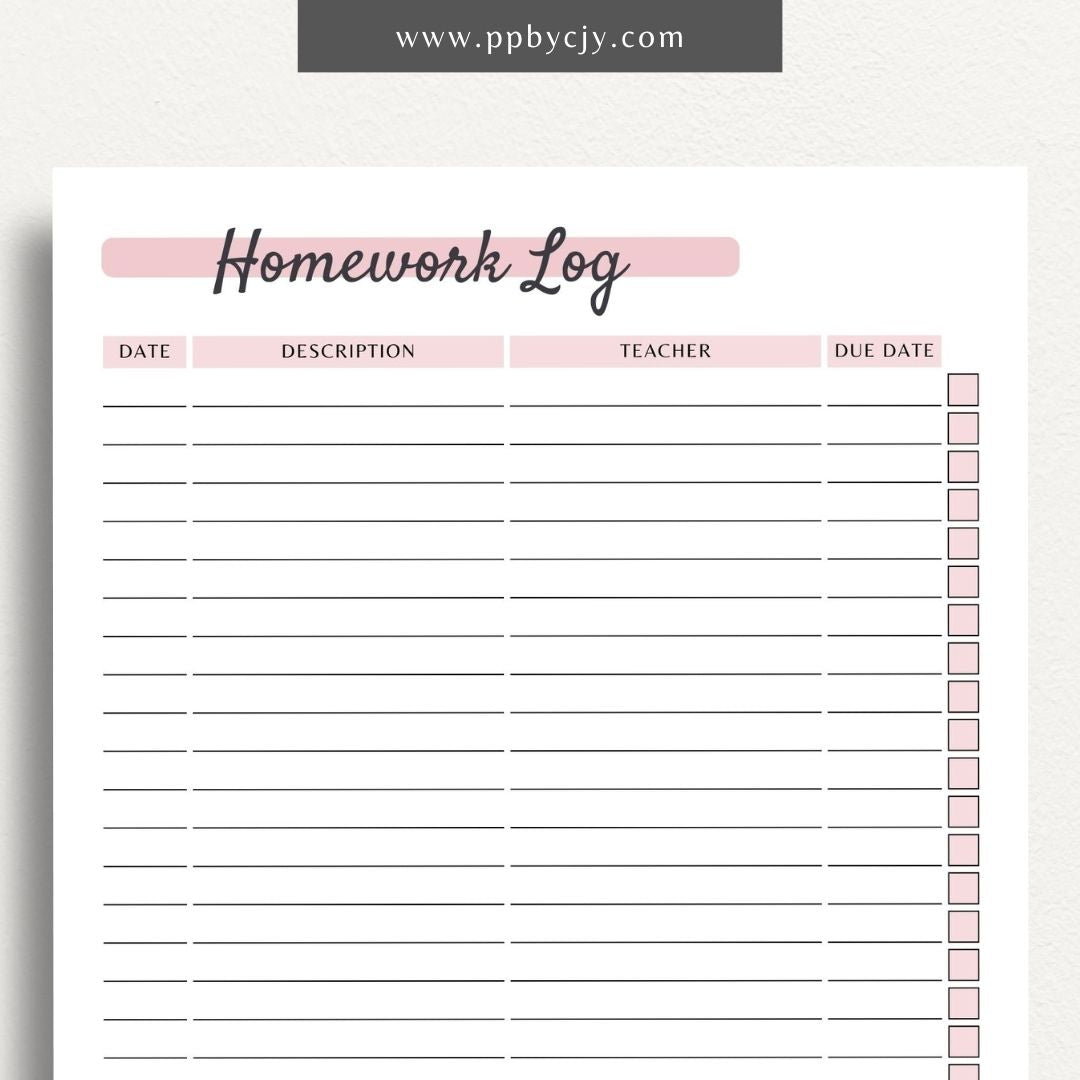 Homework Assignment Log Printable PDF Template