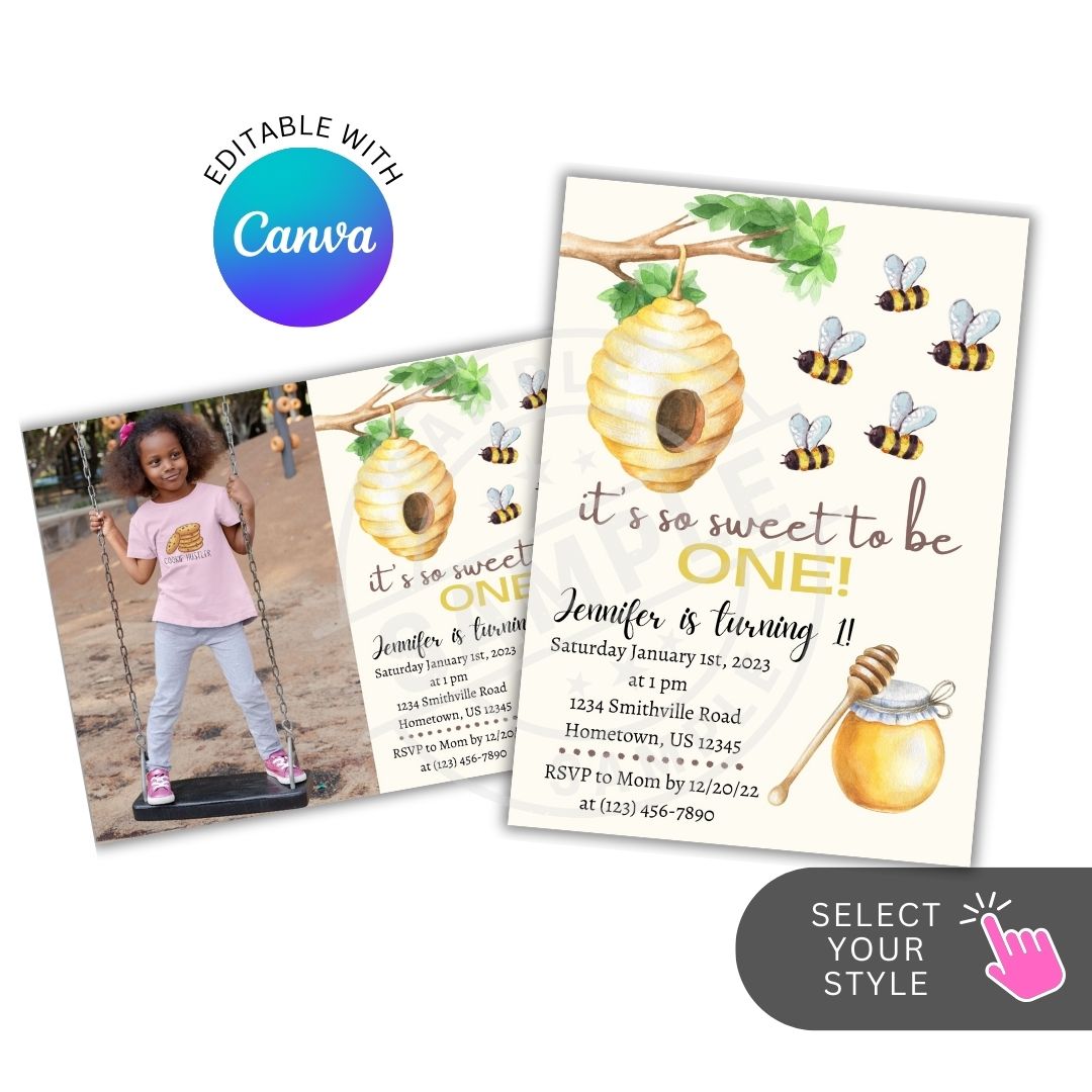 Invitation card with honeycomb, bees, and girl on swing, featuring Canva logo.