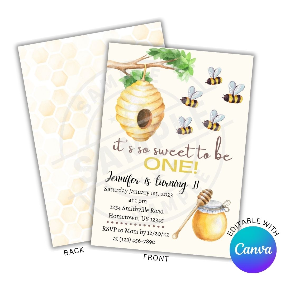 Invitation card with honeycomb, bees, and honey dipper design, featuring Canva branding.