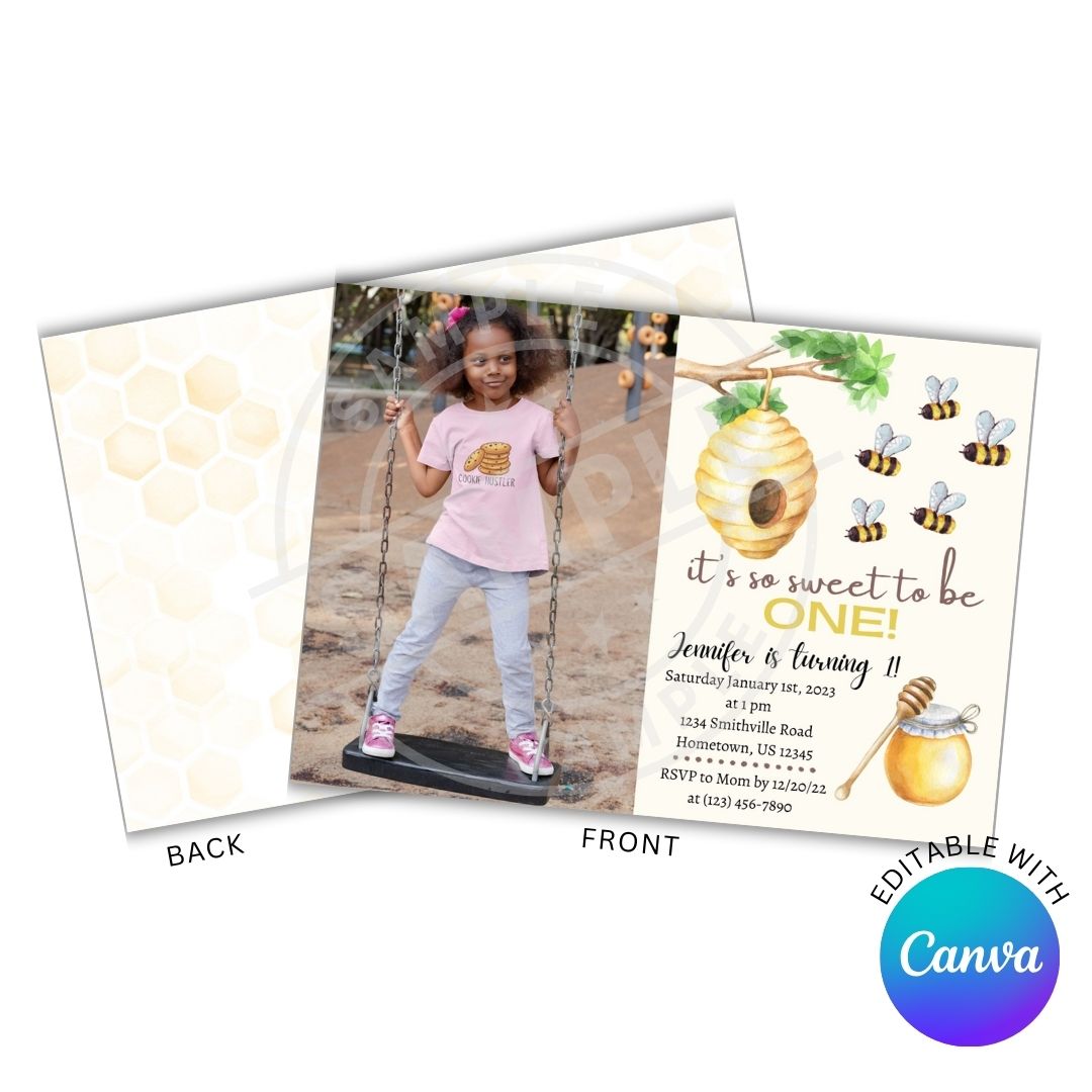 Children's birthday invitation with a girl on a swing and honeycomb design, featuring Canva branding.