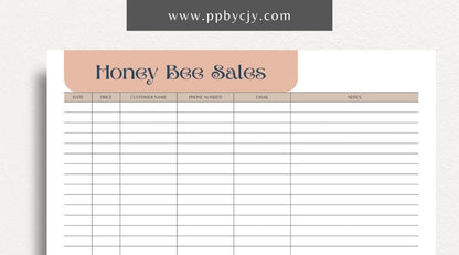 Honey Bee Sales Printable Template – Digital Download for Tracking Sales of Honey and Bee Products with sections for product details, quantities, prices, and customer information.