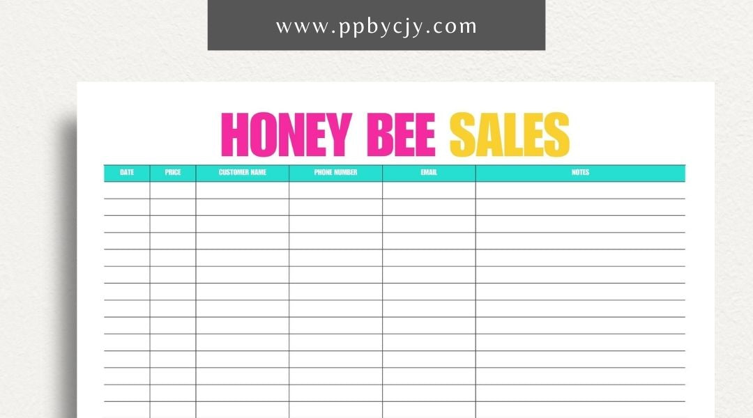 Honey Bee Sales Printable Template – Digital Download for Tracking Sales of Honey and Bee Products with sections for product details, quantities, prices, and customer information.