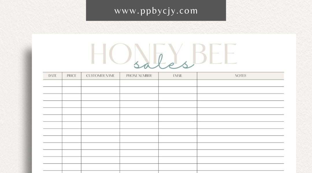 Honey Bee Sales Printable Template – Digital Download for Tracking Sales of Honey and Bee Products with sections for product details, quantities, prices, and customer information.