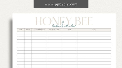 Honey Bee Sales Printable Template – Digital Download for Tracking Sales of Honey and Bee Products with sections for product details, quantities, prices, and customer information.