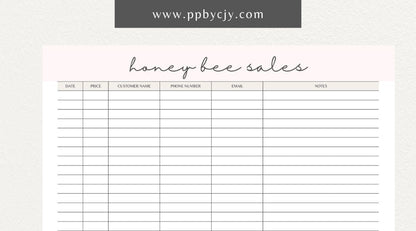 Honey Bee Sales Printable Template – Digital Download for Tracking Sales of Honey and Bee Products with sections for product details, quantities, prices, and customer information.