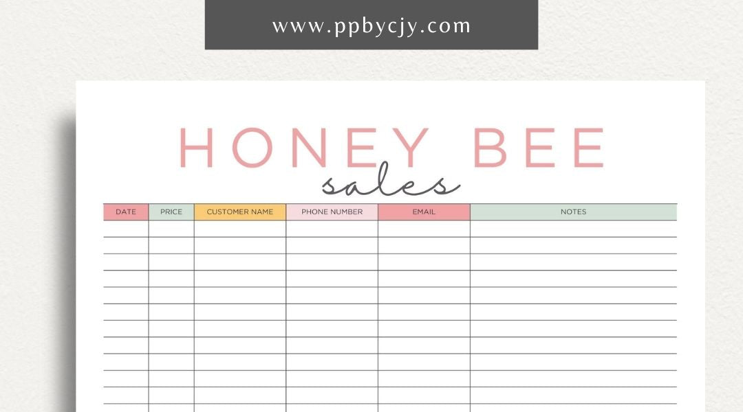 Honey Bee Sales Printable Template – Digital Download for Tracking Sales of Honey and Bee Products with sections for product details, quantities, prices, and customer information.