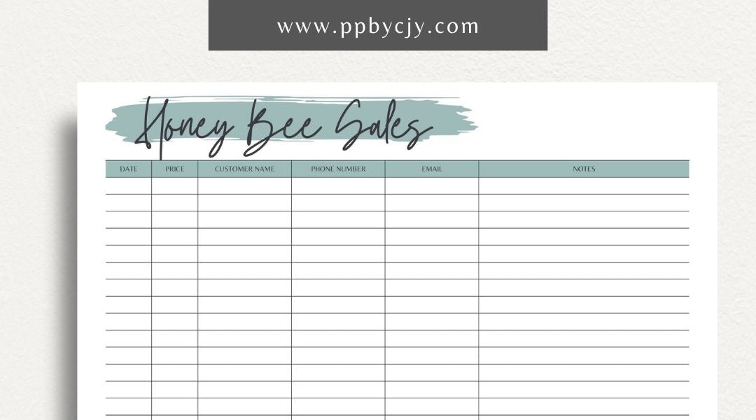 Honey Bee Sales Printable Template – Digital Download for Tracking Sales of Honey and Bee Products with sections for product details, quantities, prices, and customer information.