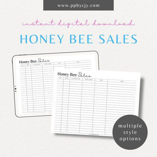 Honey Bee Sales Printable Template – Digital Download for Tracking Sales of Honey and Bee Products with sections for product details, quantities, prices, and customer information.